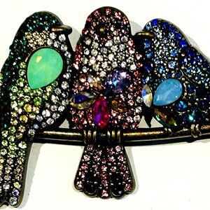 CRYSTAL GLASS RHINESTONE 3 BIRDS PERCHING ON BRANCH BROOCH SILVERTONE METAL